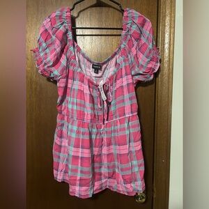 Torrid Pink and Blue Plaid Blouse